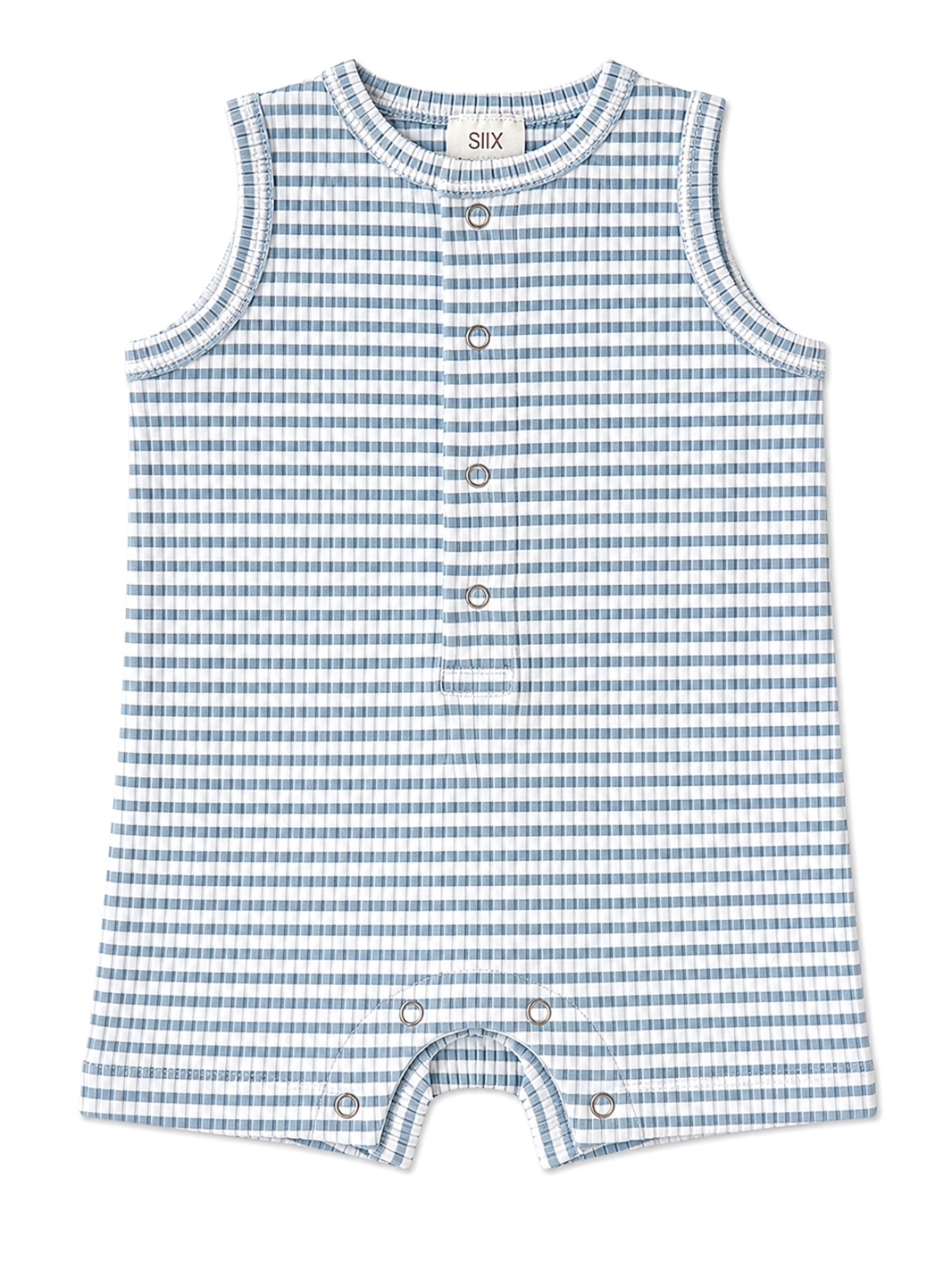 Light blue and white striped baby romper with snap buttons and sleeveless design.