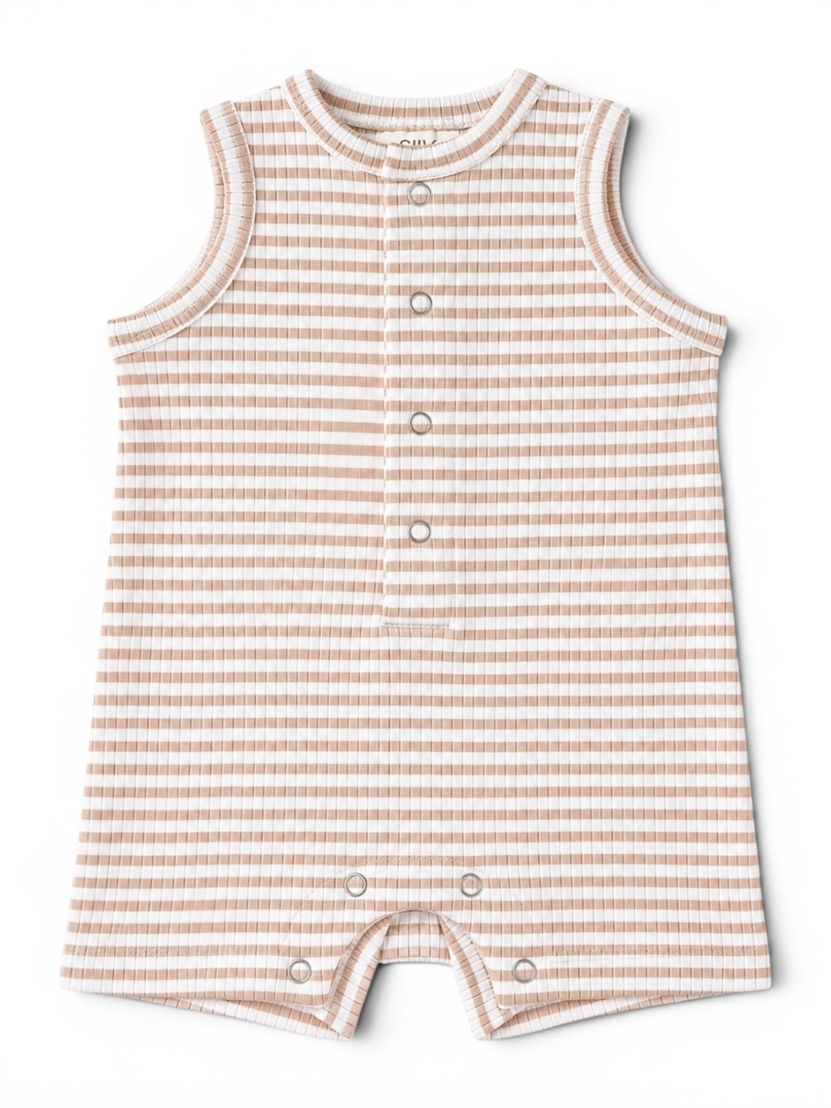 Lightly striped sleeveless romper in beige and cream, featuring snap closures at the bottom.