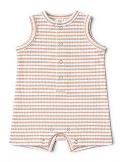 Lightly striped sleeveless romper in beige and cream, featuring snap closures at the bottom.