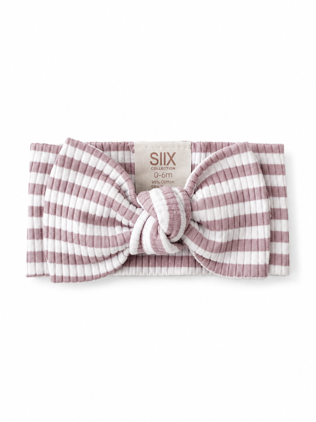 Striped baby headband in mauve and white with a large knot, made from soft cotton. Suitable for 0-6 months.
