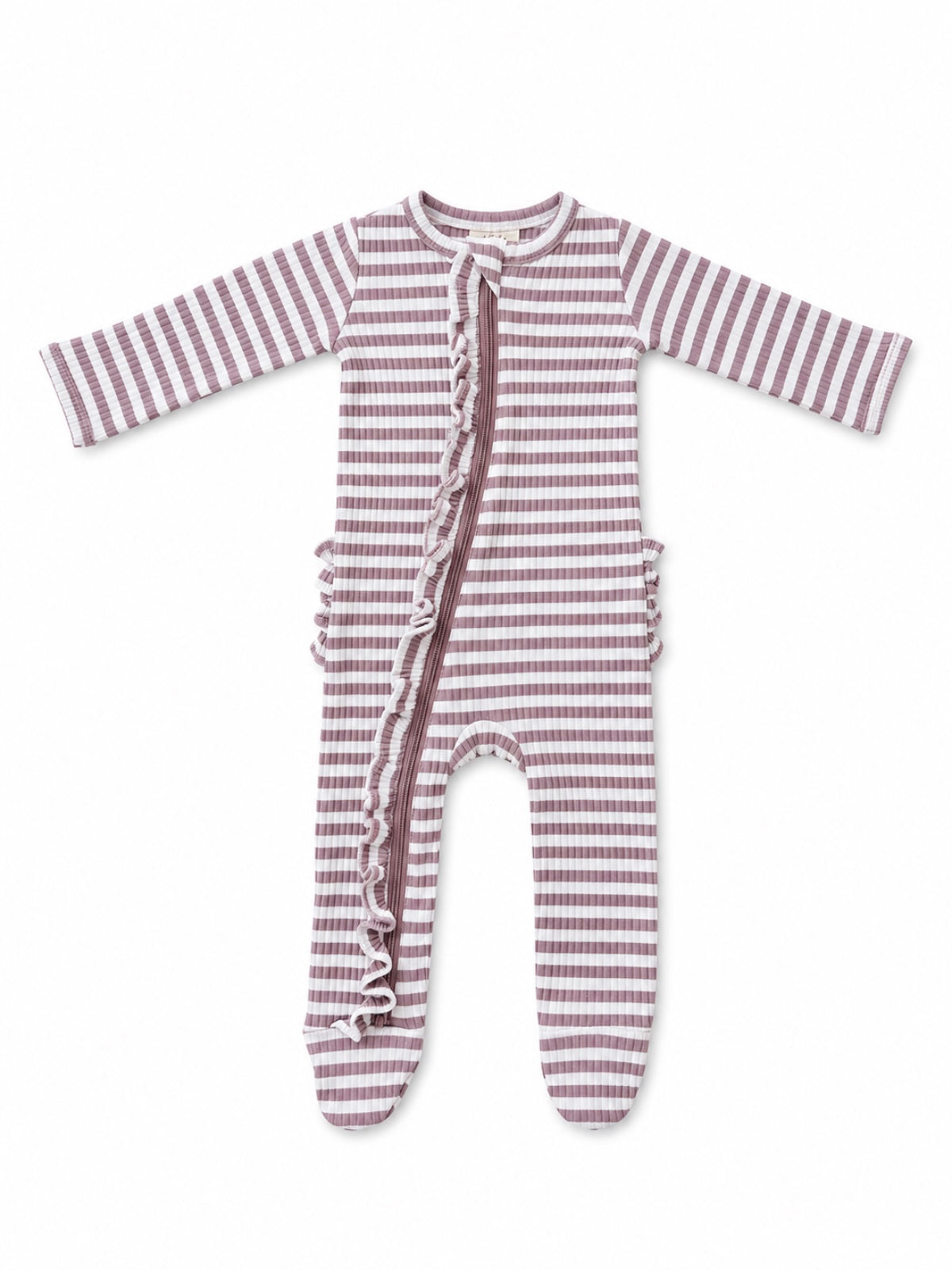 Striped children's onesie with ruffle detail, featuring long sleeves and a front zipper.