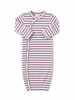 Striped baby gown in lavender and white, featuring snap closures along the side and a cozy fit.