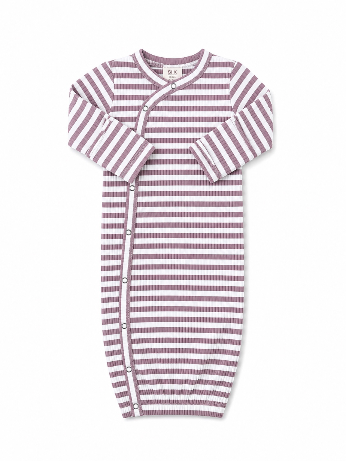Striped baby gown in lavender and white, featuring snap closures along the side and a cozy fit.