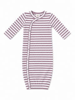 Striped lavender and white baby sleep sack with long sleeves and snap buttons.