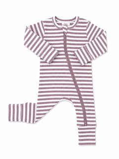 Striped toddler jumpsuit in pastel pink and white, featuring a front zipper and long sleeves.