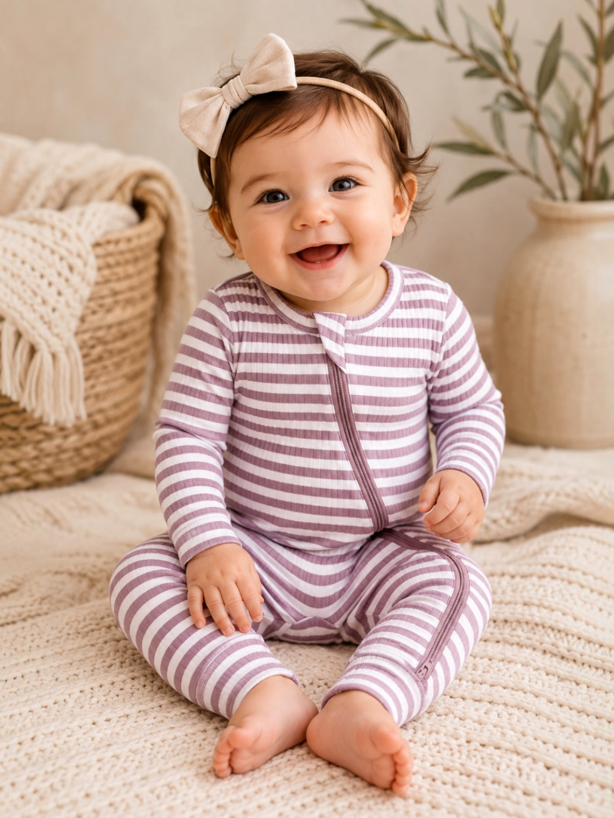Smiling baby in striped pajamas with a bow headband, sitting on a textured blanket near a plant and woven basket.