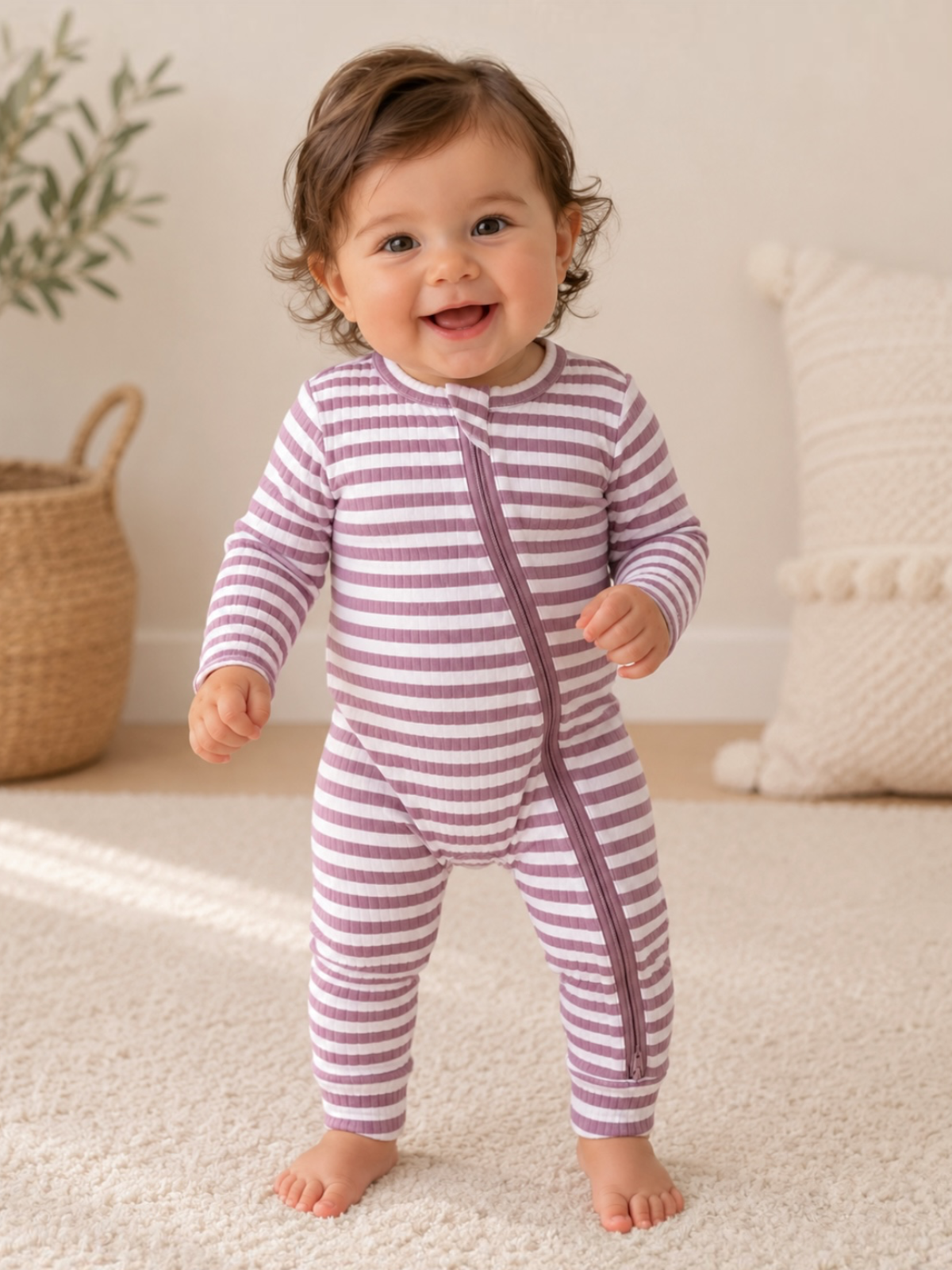 Smiling toddler in striped pajamas stands on a soft carpet, surrounded by natural decor.