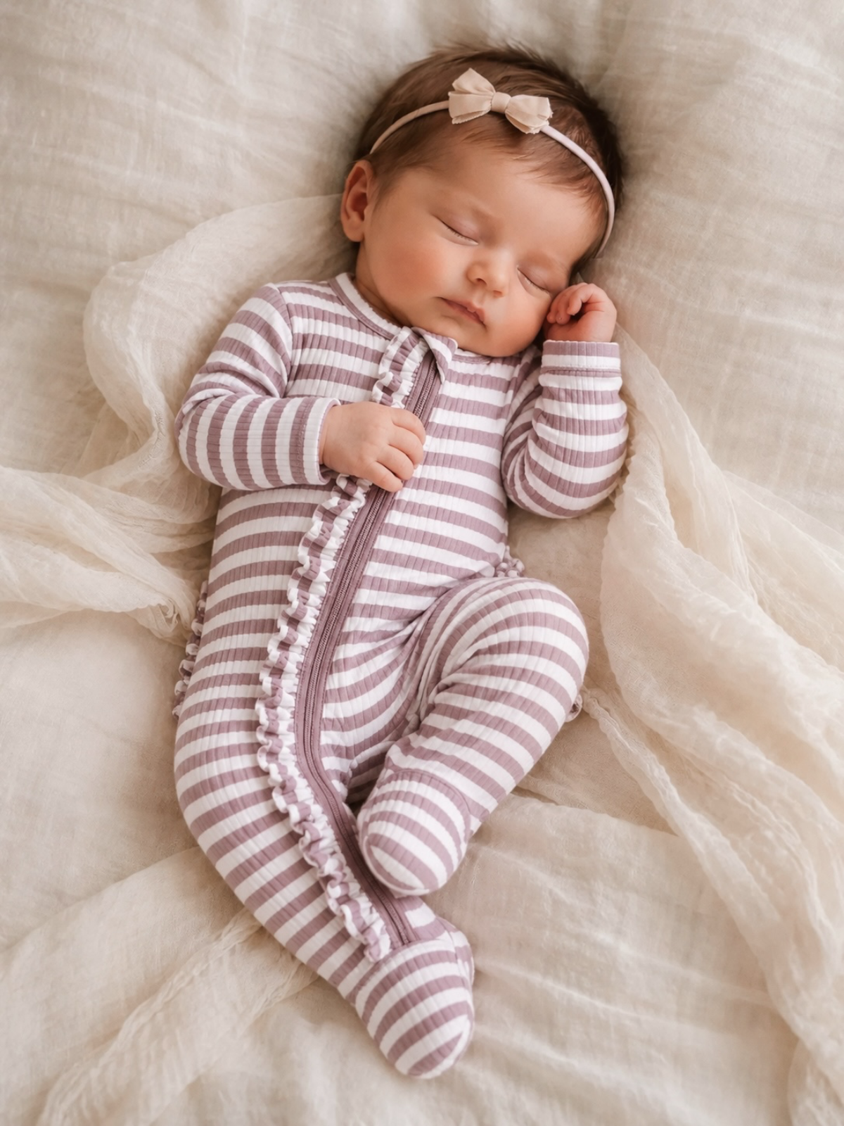 Sleeping baby in striped onesie with a bow headband, resting on soft, textured fabric.