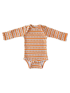 Orange and white long-sleeve onesie with pumpkin pattern and snap closures at the bottom.