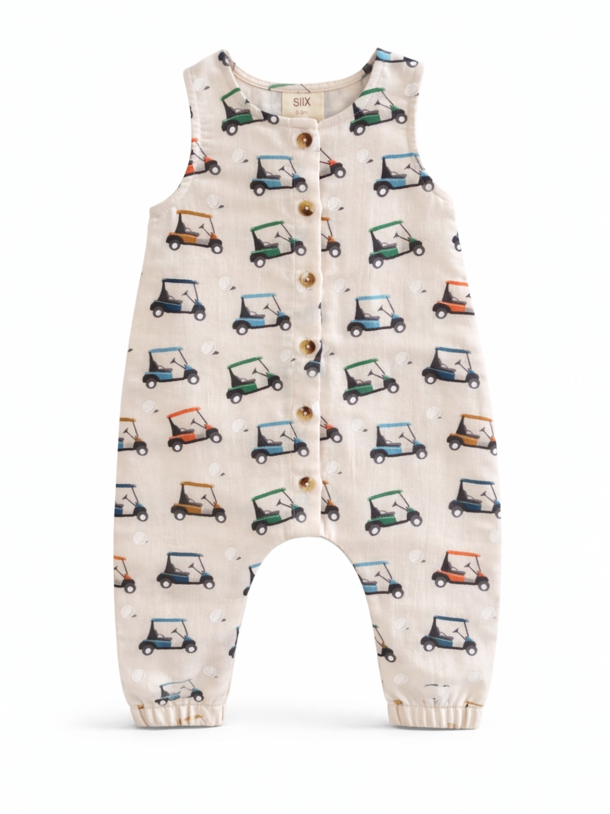 Boys' sleeveless romper featuring a playful golf cart print on a light background, with wooden buttons.