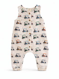 Boys' sleeveless romper featuring a playful golf cart print on a light background, with wooden buttons.
