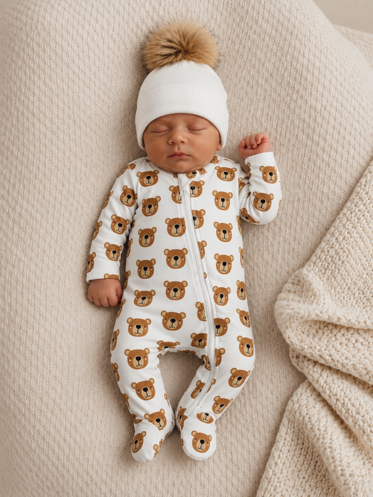 Sleeping newborn in bear-patterned onesie and white pom-pom hat on cozy textured blanket.