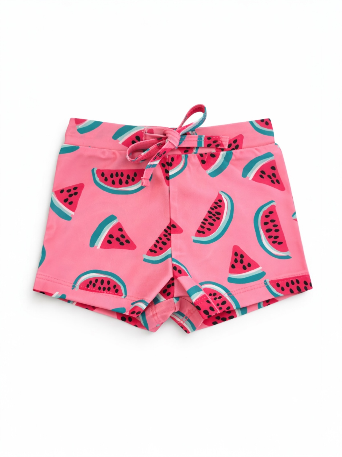 Pink swim shorts featuring a playful watermelon pattern with shades of green and black. Ideal for summer wear.