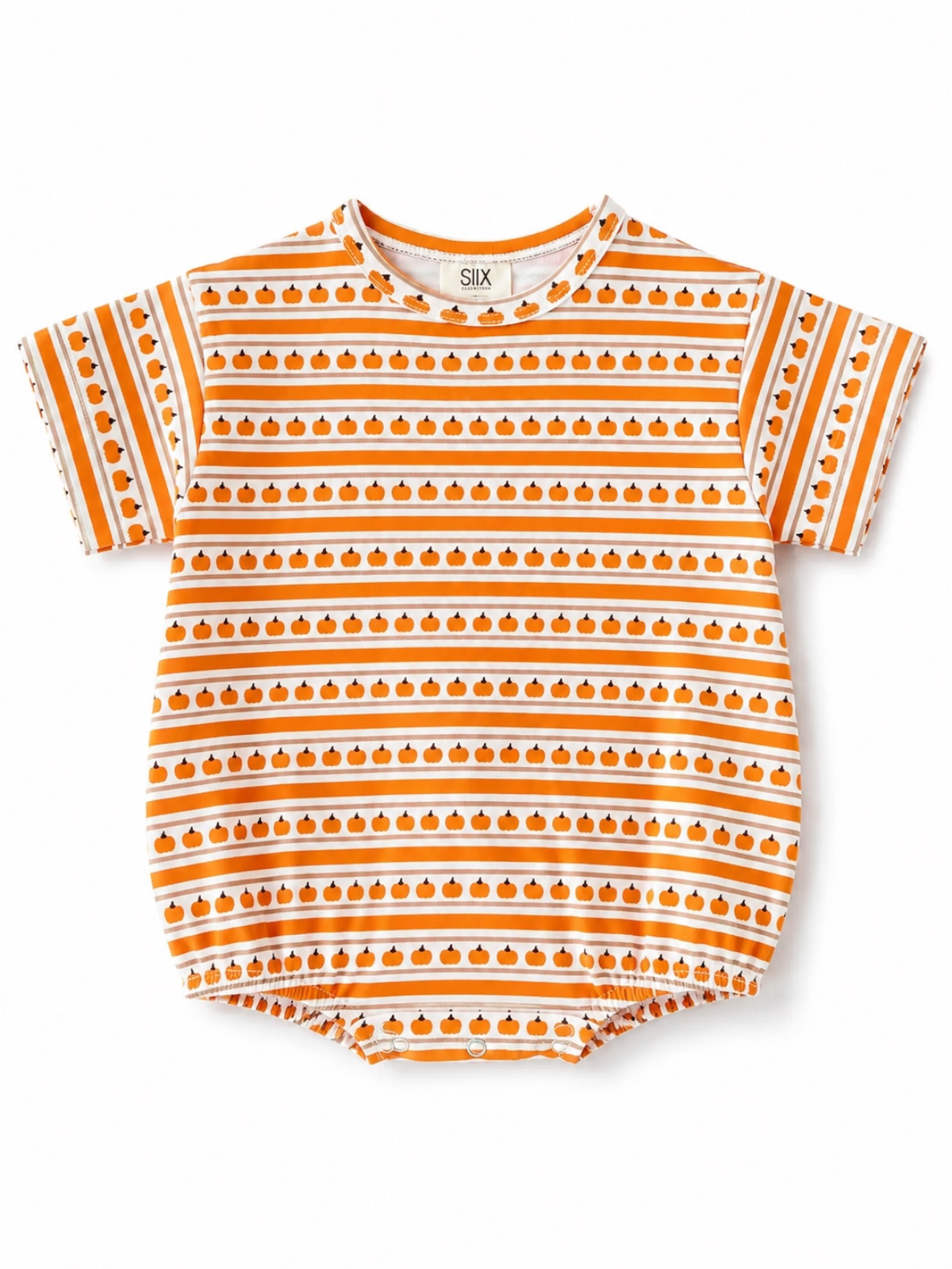 Orange and white striped baby shirt with pumpkin print, short sleeves and a round neckline.
