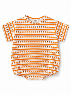 Orange and white striped baby shirt with pumpkin print, short sleeves and a round neckline.