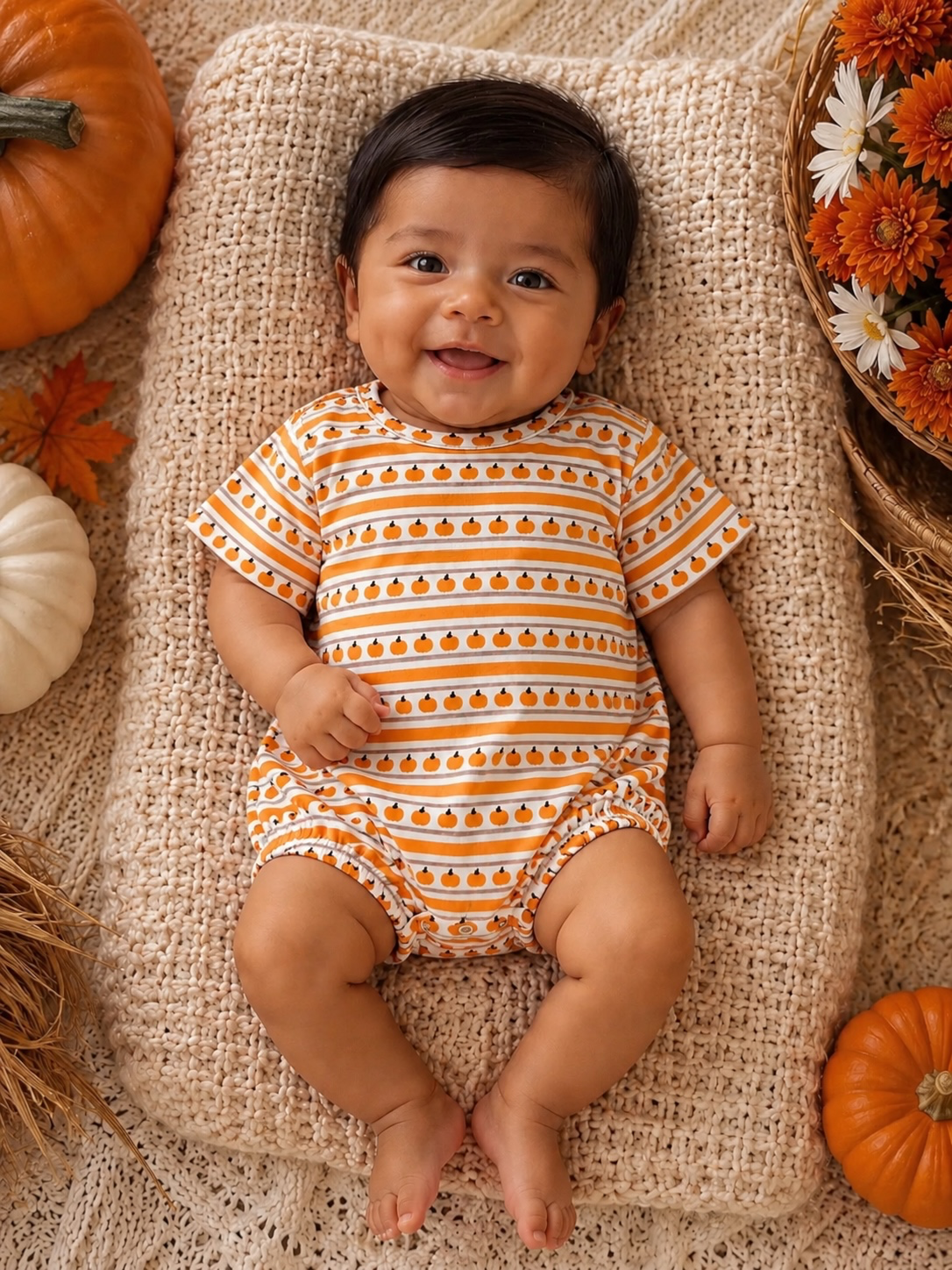 Smiling baby in a pumpkin-patterned romper on a textured blanket, surrounded by autumn decor and pumpkins.