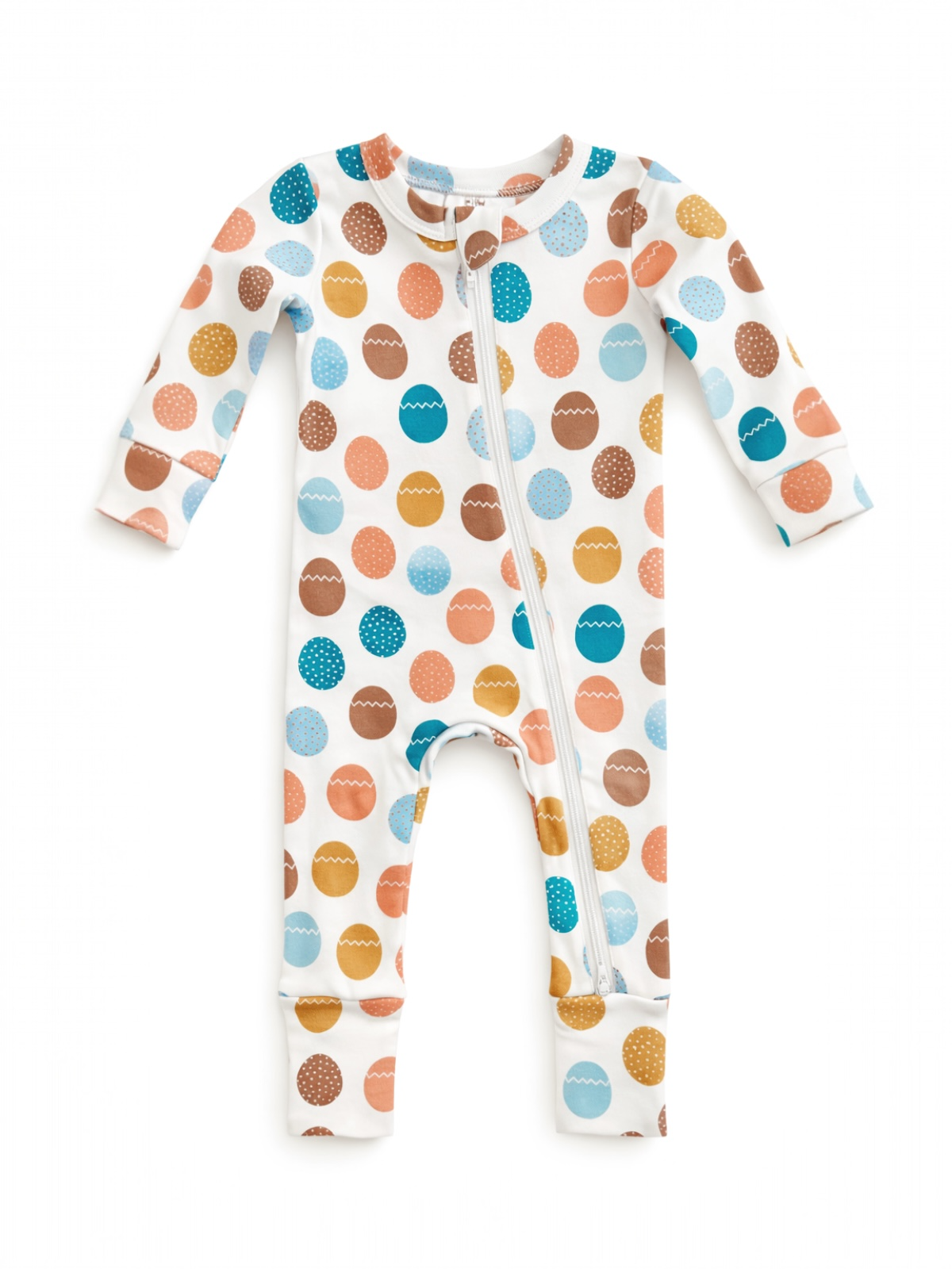 White baby onesie with colorful egg patterns in teal, orange, brown, and polka dots; features a front zipper.