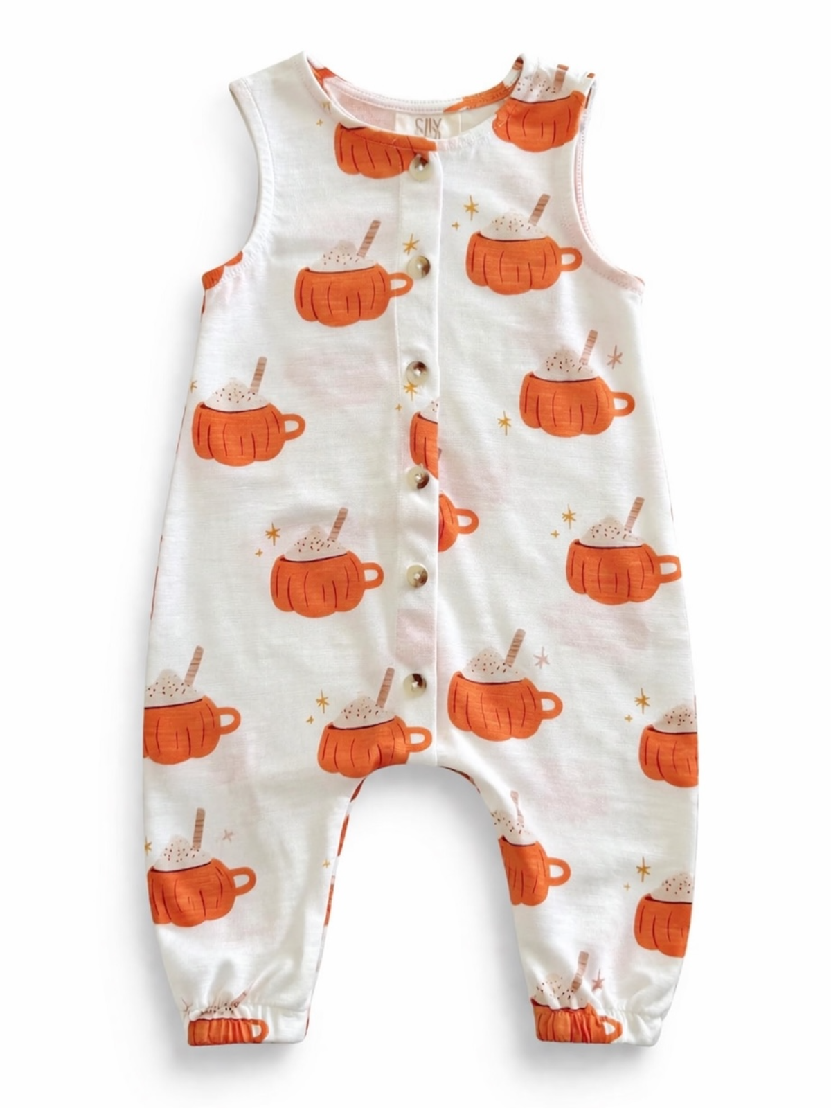 White baby romper with orange cup patterns and buttons down the front, featuring playful designs and elastic cuffs.