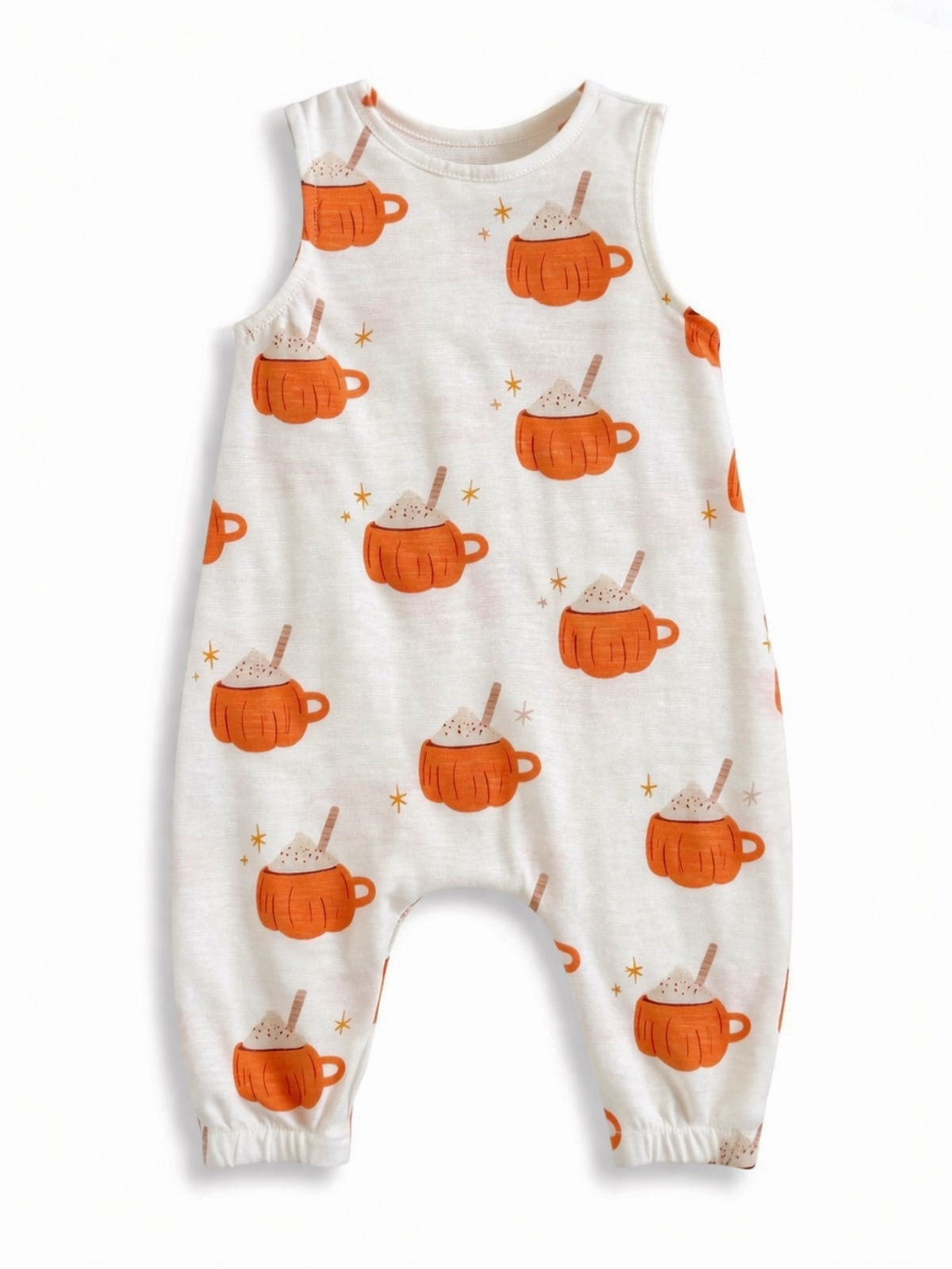 Toddler romper featuring a pattern of orange mugs with foam and stars on a light background.