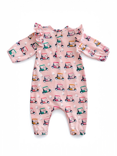 Pink baby romper with golf cart pattern and ruffle sleeves, button closure at the back. Ideal for playful outfits.