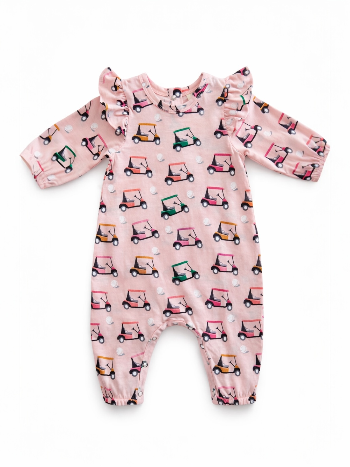 Pink baby romper with patterns of golf carts and ruffled sleeves, perfect for playful outings.