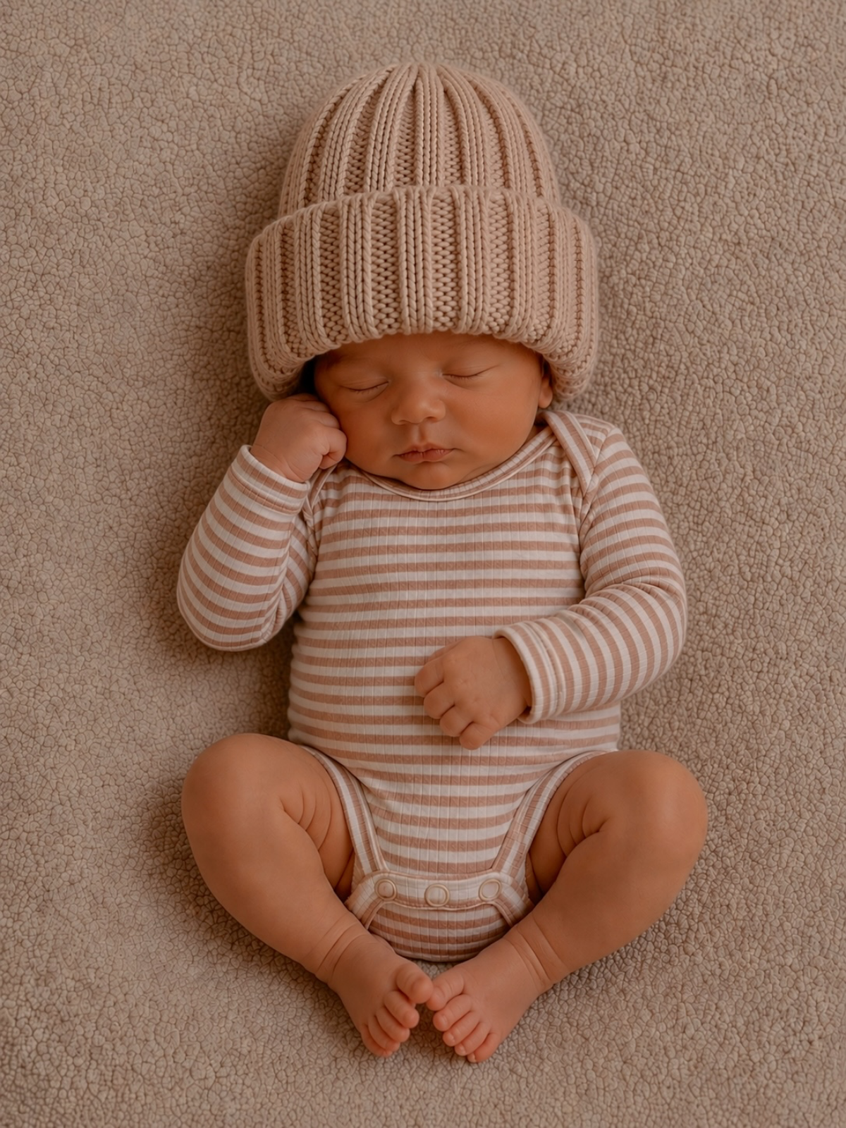 Newborn baby asleep on a soft blanket, wearing a striped onesie and a cozy knit hat.