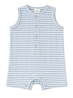 Light blue and white striped baby romper with snap buttons at the front and bottom.