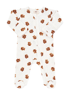 White baby onesie with teddy bear print and long sleeves, ideal for newborns up to 3 months.