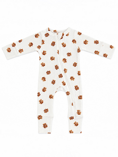 White baby onesie with brown floral print and long sleeves, featuring a front zip closure.
