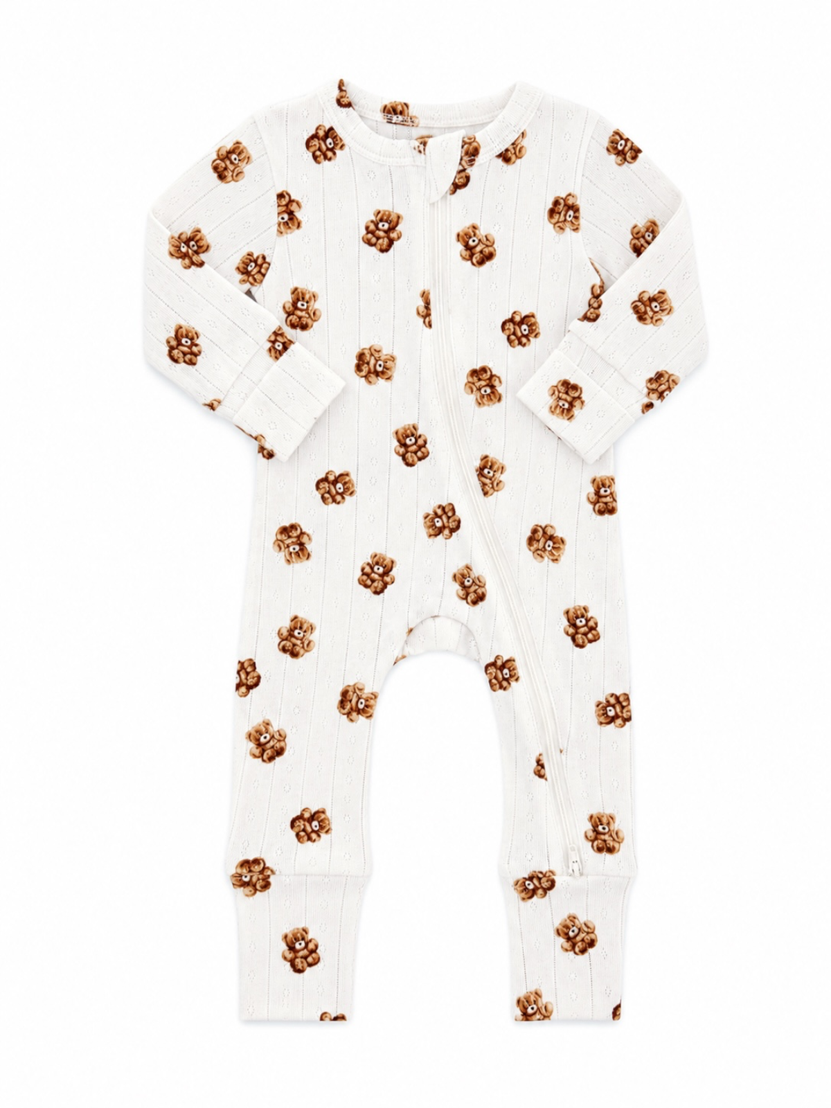 White baby onesie with brown flower patterns and a front zipper, featuring long sleeves and footed design.
