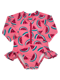 Pink one-piece swimsuit with watermelon pattern and ruffled sleeves, featuring a front zipper for easy wear.