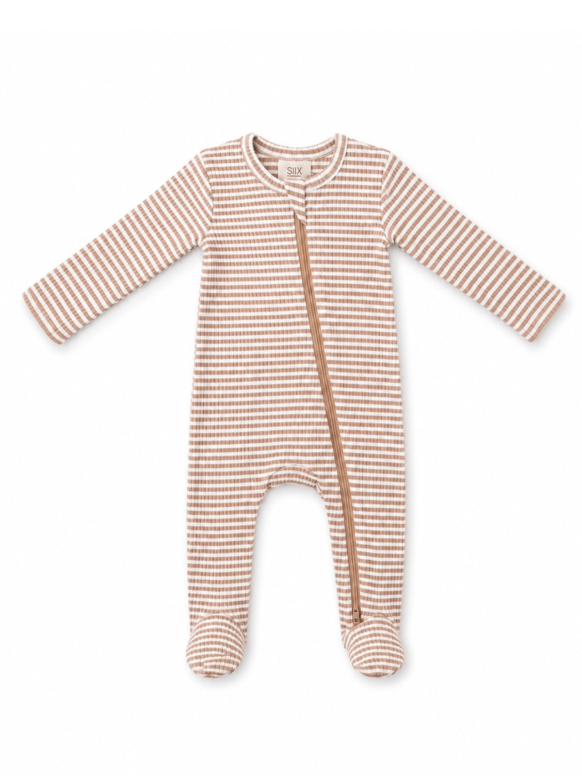 Striped infant onesie in warm brown tones with footed legs and a front zipper.