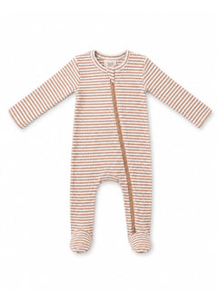 Striped infant onesie in warm brown tones with footed legs and a front zipper.