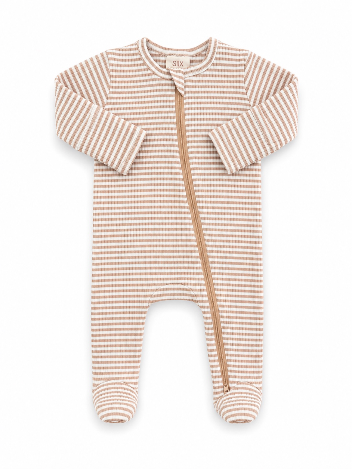 Striped baby onesie with a front zipper, featuring long sleeves and footed legs in soft colors.