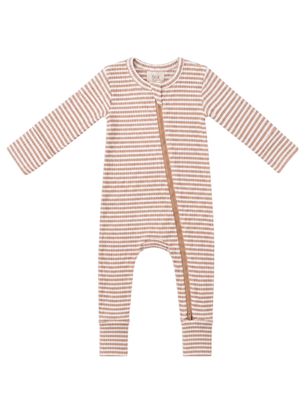 Striped baby onesie in soft beige tones with a front zipper and full-length sleeves.