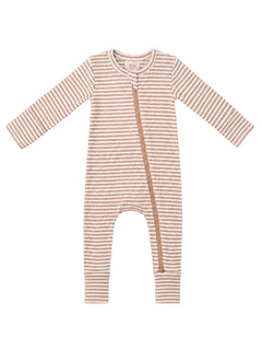 Striped baby onesie in soft beige tones with a front zipper and full-length sleeves.