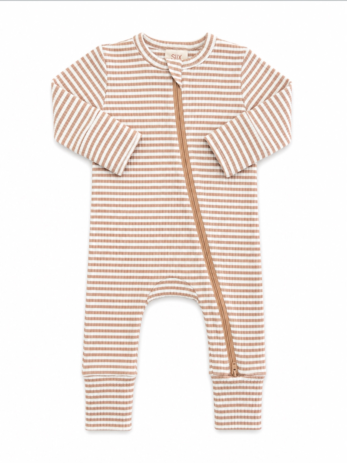 Striped baby onesie in beige and white with a front zipper and long sleeves. Perfect for comfortable lounging.