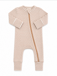 Striped baby onesie in beige and white with a front zipper and long sleeves. Perfect for comfortable lounging.