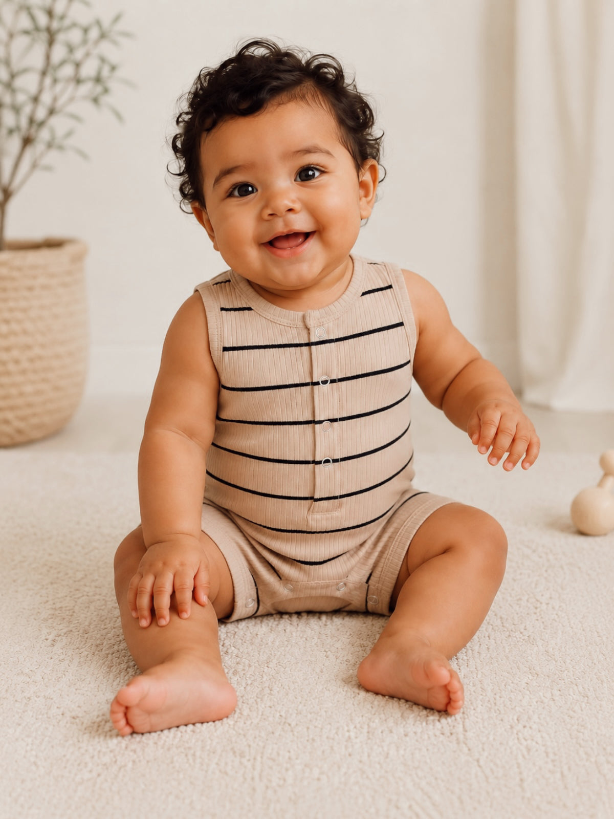 Smiling baby with curly hair, wearing a striped outfit, sitting on a soft rug with decor in the background.