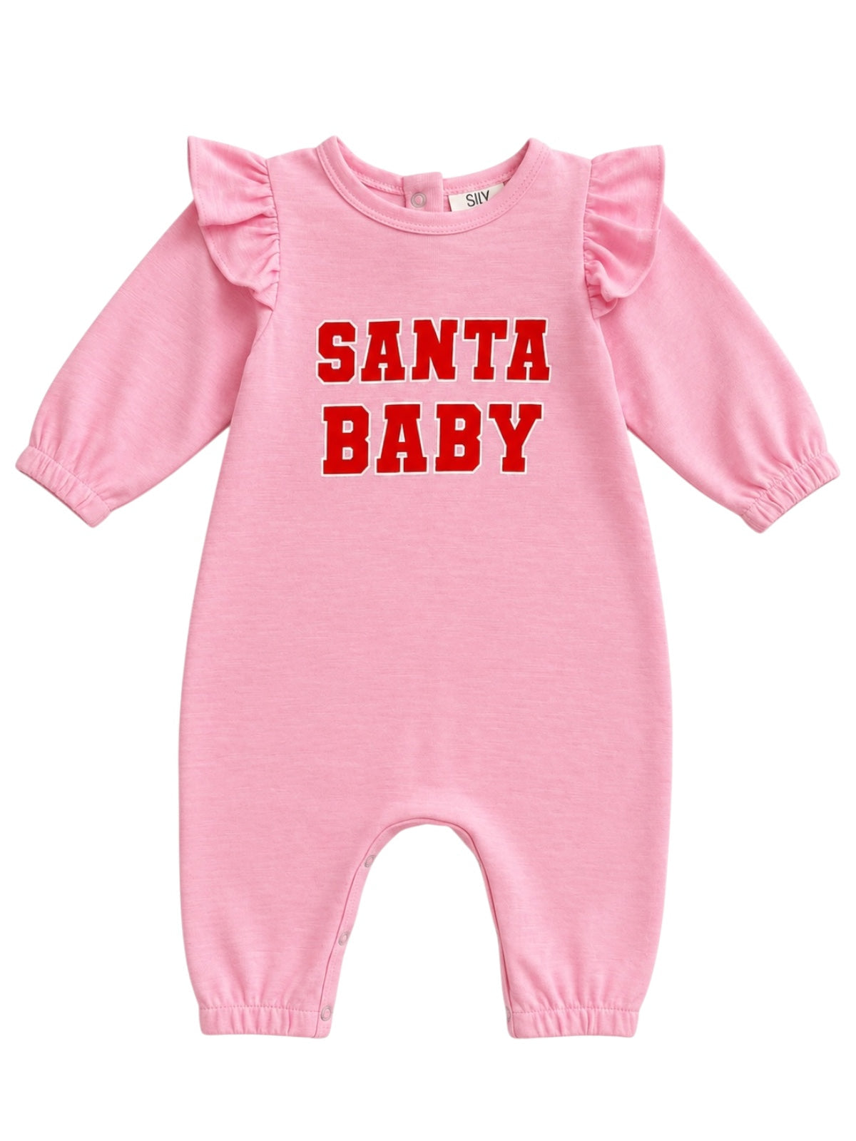 Pink baby romper with ruffled sleeves featuring 