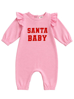 Pink baby romper with ruffled sleeves featuring "SANTA BABY" in bold red letters. Perfect for festive occasions.