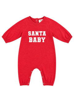 Red baby onesie with "SANTA BABY" printed in bold white letters on the front.
