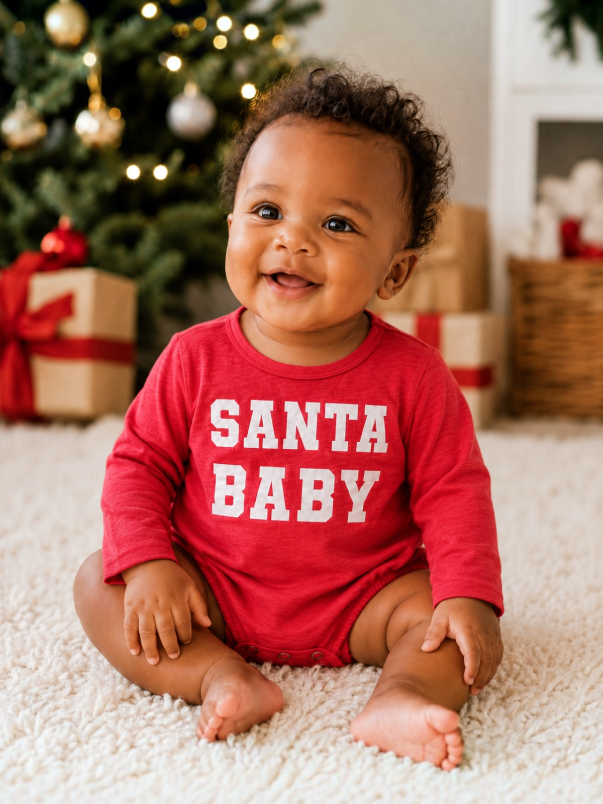 Smiling baby in a red 
