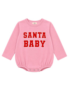 Pink baby onesie with "SANTA BABY" text in bold red letters. Suitable for holiday celebrations.