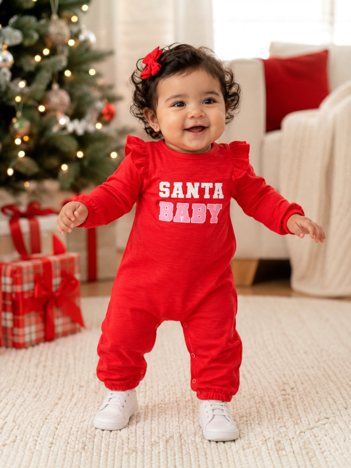 Smiling baby in red 