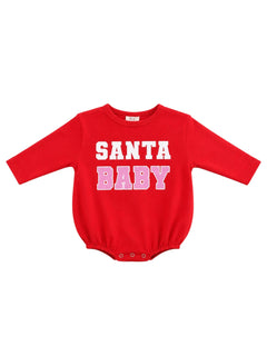 Red baby bodysuit with "SANTA BABY" printed in bold white and pink letters.