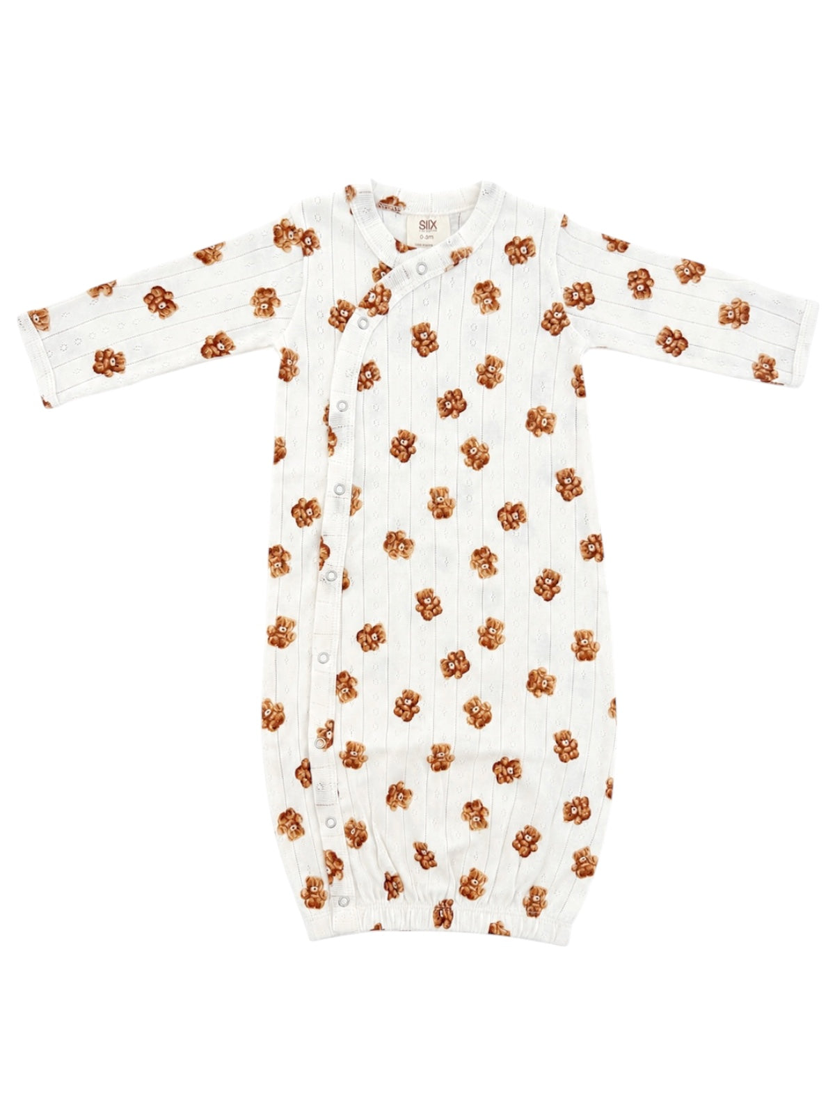 White baby gown with brown floral patterns and buttons down the front. Perfect for comfortable infant wear.