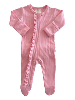 Pink ribbed baby onesie with front zipper and ruffle detailing along the opening and cuffs. 0-3 months size.