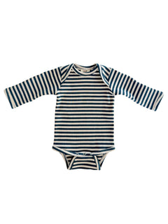 Striped long-sleeve bodysuit in navy and cream, suitable for infants.