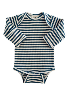 Blue and cream striped long-sleeve baby bodysuit with snap closure at the bottom.